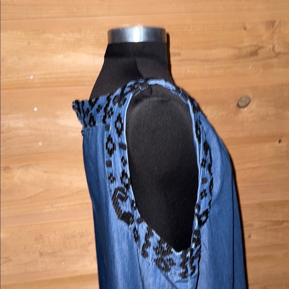 Blue Chambray sleeveless shift dress Black embroidery XXL festival summer - Picture 6 of 10